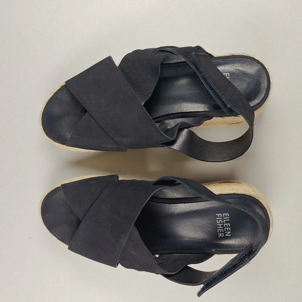 Eileen Fisher‎ Women's Black Leather Timor Espadrille Wedge Sandals Size 7